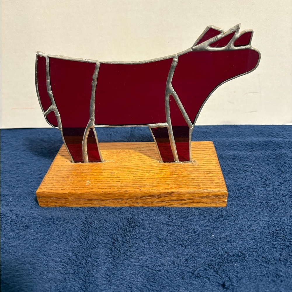 6” Homemade Red Tall Stained Glass Cow Cattle Simmental Decor Accent Award Farm